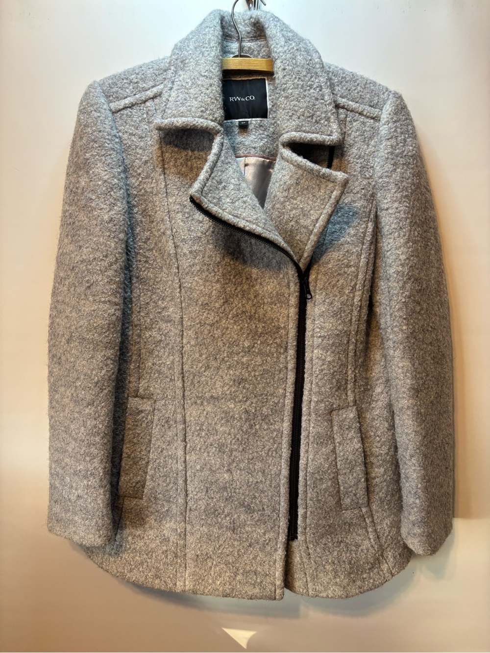RW&CO. Light Gray Wool-Blend Asymmetrical Zip Pea Coat